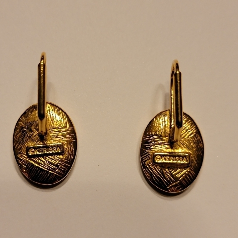 Kerissa Vintage Goldtone and Teal Enamel with Rhinestone Accent Pierced Earrings - Picture 3 of 7